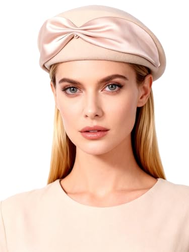 HIMESPORT Wool Felt Beret Hat for Women - Bowknot Bead Decor, Winter Church Tea Party Fascinator, Wedding Cocktail Dress - color: Beige