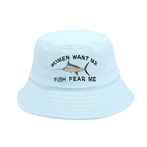 Women Want Me Fish Fear Me Embroidered Bucket Hat for Men Boy - color: Women Want Me Fish Fear Me - Light Blue