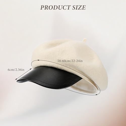 Andiker Beret Hats for Women, Warm Wool Blend and PU Leather Newsboy Hat, Fashion Vintage Ladies Winter Hat - color: Beige