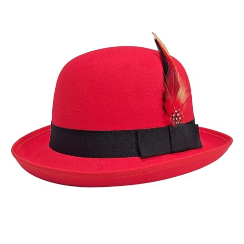 Classic Fedora Hat with Feather, Dome Hard Bowler Cap - color: Red