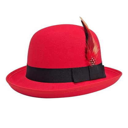 Classic Fedora Hat with Feather, Dome Hard Bowler Cap - color: Red