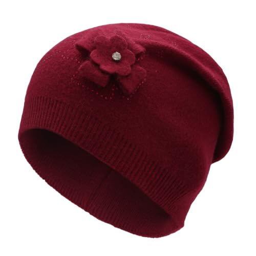 ZLYC Women Floral Slouchy Beanie Hat Double Layer Winter Knit Skull Cap - color: Floral Red
