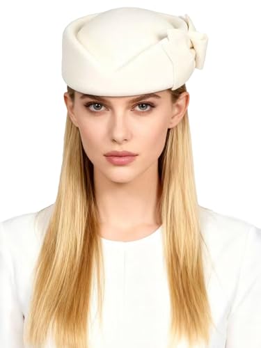 HIMESPORT Wool Felt Bowler Fascinators Hats for Women Ladies Female Elegant Wedding Tea Party Beret Hat with Bowknot - color: White