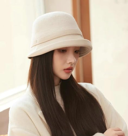 Classic Felt Fedora Hat for Women 2026 Fall Winter Soft Elegant Bow Bucket Hat Cozy Short Brim Cap 2026 - color: Beige