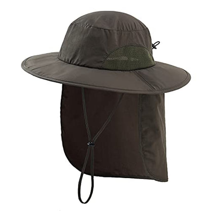 Home Prefer Outdoor UPF50+ Mens Sun Hat with Neck Flap Womens UV Protection Hat Wide Brim Safari Fishing Hiking Gardening Hat - color: Army Green