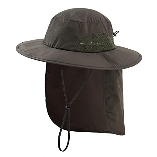 Home Prefer Outdoor UPF50+ Mens Sun Hat with Neck Flap Womens UV Protection Hat Wide Brim Safari Fishing Hiking Gardening Hat - color: Army Green
