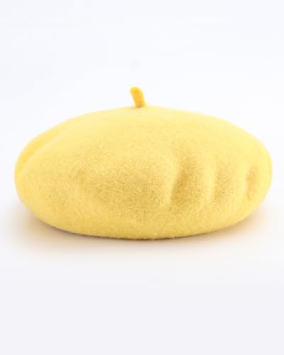 French Beret Hats for Women - Wool Solid Color Beanie Cap - color: Lemon Yellow