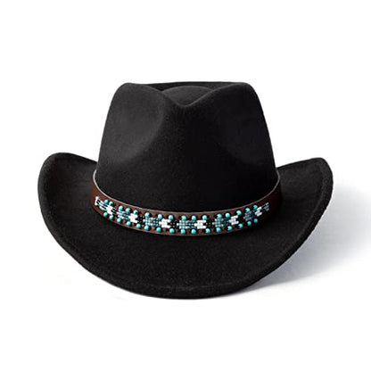 Western Cowboy Hat Felt Wide Brim Women Men Cowgirl Hats - color: X-beaded Buckle-black