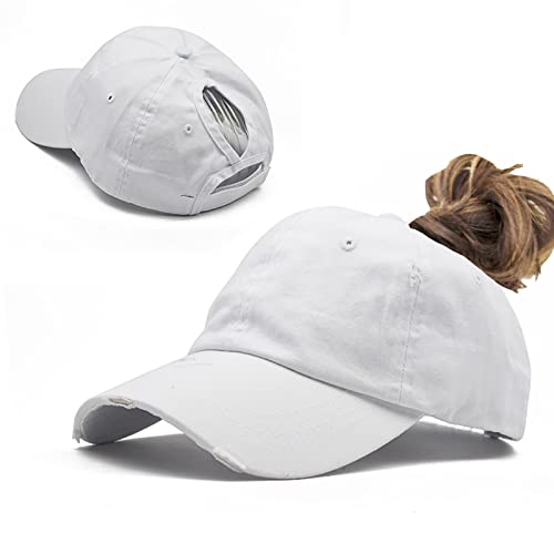 Women Distressed Ponytail Baseball-Hat Cotton Adjustable Baseball-Cap - color: White