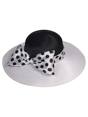 Women Wide Brim Rose Black Patchwork Kentucky Hat for Wedding Party Hat Big Bowknot Polka Dots Fedora Hats - color: Black White