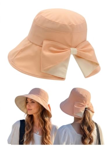 Women Bowknot Wide Brim UPF50+ Foldable Travel Beach Sun Hat - color: Peach Pink