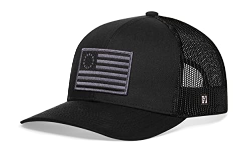 HAKA American Flag Hat | USA Mesh Trucker Snapback Comfort Baseball Cap - color: Black, style: Betsy Ross Flag Hat (Grey Stripes)
