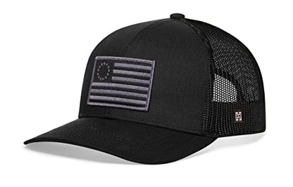 HAKA American Flag Hat | USA Mesh Trucker Snapback Comfort Baseball Cap - color: Black, style: Betsy Ross Flag Hat (Grey Stripes)