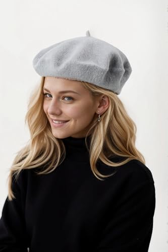 Women's Beret Hats - French Wool Blend Winter Cap, 70% Wool All-Season Soft Beret Hats for Women (Multi-Color) - color: Grey