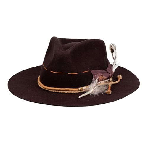 RUEDIGER Vintage Wide Brim Fedora Hats 100% Wool Stiff Felt Hat Rancher Hat with Lightning Logo Handmade Distressed/Burned - color: Tan, size: 7 1/8
