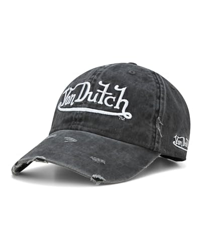Von Dutch Unisex Cotton Canvas Baseball Cap, Curved Brim, Snapback - color: Black Distressed