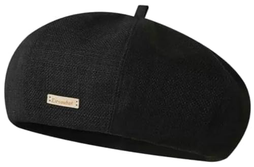 Women's Cotton Linen Beret Hat Vintage French Breathable Slouchy Beanie Cap Casual Painters Hat for Spring Summer - color: Black