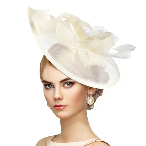 Zinniday 2026 Kentucky Hat for Women - Classic Victoria Derby Fascinator 1920s 50s Tea Party Hat with Hair Clip for Lady - color: Beige
