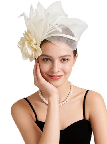 Fascinators Hat for Girls and Women Tea Party Flower Mesh Feather Kentucky Headwear with Headband and Clip - color: Beige