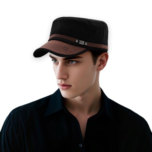 Cadet Army Cap for Men Women Military Adjustable Unisex Flat Top Hat - color: Black