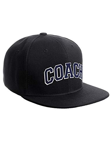 Original Team Coach Snapback Hat Classic Layered Arched Letters Flat Bill Cap - color: Black Hat White Navy Letters