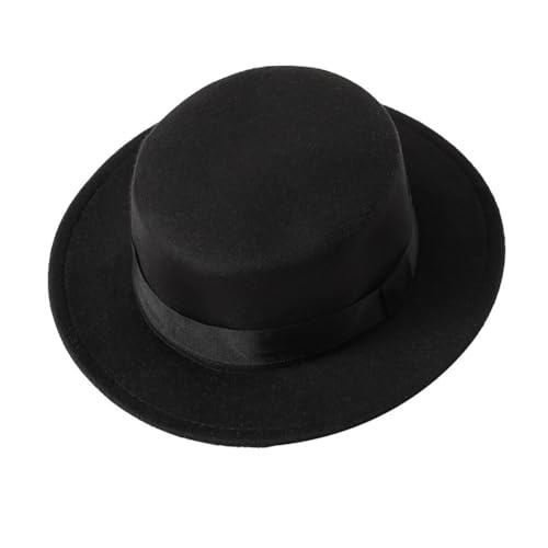Classic Black Fashion Fedora Flat Hat Elegant Jazz Hats Brim Church Derby Cap for Head Circumference 22-22.8inch