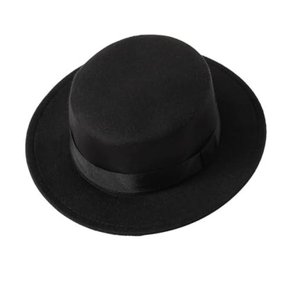 Classic Black Fashion Fedora Flat Hat Elegant Jazz Hats Brim Church Derby Cap for Head Circumference 22-22.8inch