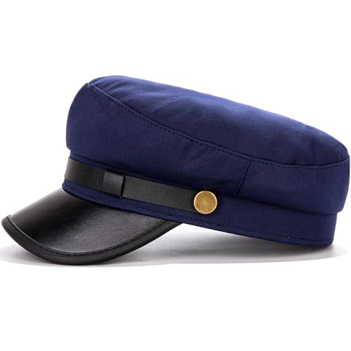 Women's Yacht Captain Sailor Hat, PU Material Newsboy Hat, Stylish Biker Hat, Baker Boy Hat, Peaked Beret - color: Navy Blue F
