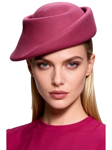 Small Top Hats for Women Elegant Winter Vintage Beret Wool Felt Fedoras Ladies Luxury Wedding and Church Cap Female - color: Rose Red