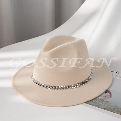 Women Men Wide Brim Fedoran Hat with Chain Belt Buckle - color: Beige