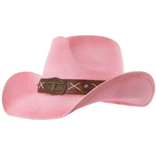 grinderPUNCH Straw Cowboy Hat for Men Women Western Cowgirl Outback Sun Hat - color: Pink