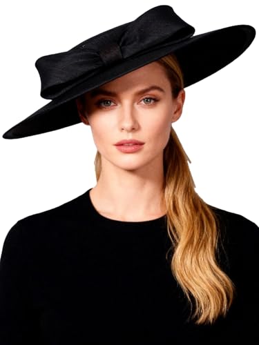 Black Wide Brim Hats for Women Big Bowknot Formal Church Occasion Kentucky Cap Lady Wedding Cocktail Tea Party Dress Flat Top Fascinators