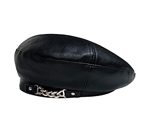 Fashion Soft PU Leather Beret Hat Beanie British Military Berets for Women - color: Chain Black, size: 6 7/8-7 1/8