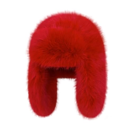 Luxurious Faux Mink Fur Ladies Trapper Hat，Pure Color Simplistic Women’s Winter Hat，Furry Ushanka Warm Hat - color: Red
