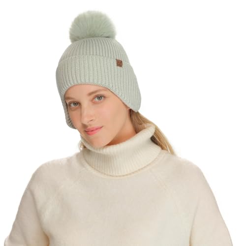 C.C Sequin Pom Beanie for Women - Acrylic Stretchable Soft Warm Knit Winter Skully Hat with Yarn Pom - color: Earflap-sage