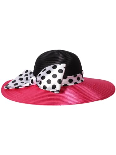 Women Wide Brim Rose Black Patchwork Kentucky Hat for Wedding Party Hat Big Bowknot Polka Dots Fedora Hats - color: Rose