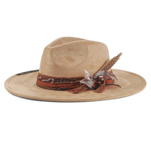 Brim Fedora Hat for Men Women Felt Handmade Boho Western Suede Panama Hats M-L - color: Khaik