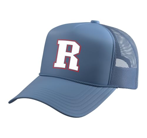 Initial R Monogram R Letter R Capital Alphabet Trucker Hat with Adjustable Mesh Back - color: Light Blue
