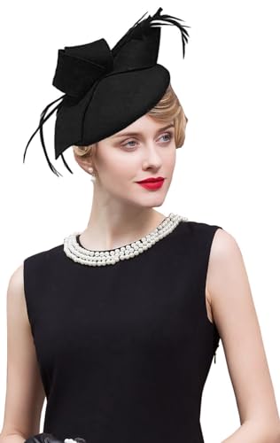 Women's Vintage 100% Wool Felt Cloche Bucket Bowler Hat Winter Vintage Bow Fedoras Church Fascinator - color: 01-black