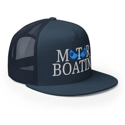 NX Motor Boatin Embroidered Flat Bill Trucker Hat High Crown Snapback Cap - color: Navy