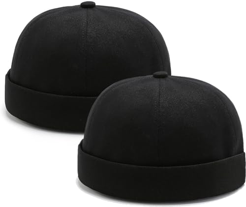 2 Pcs Mens Brimless Docker Cap Set - Retro Worker Sailor Skull Cap Beanie with Rolled Cuff - color: Black