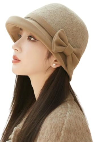 Classic Felt Fedora Hat for Women 2026 Fall Winter Soft Elegant Bow Bucket Hat Cozy Short Brim Cap 2026 - color: Khaki