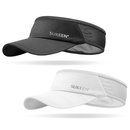Sukeen 2 Pack Sports Sun Visor Men Women Lightweight Packable Cooling Stretchy Visor Hat for Running, Tennis, Golf - color: Black/White