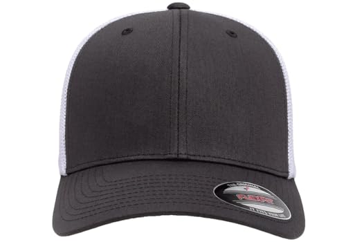 Flexfit 6511 핏 미드 프로파일 스트레치 메시 패널 트러커 캡 - color: 차콜/화이트., size: S - M
