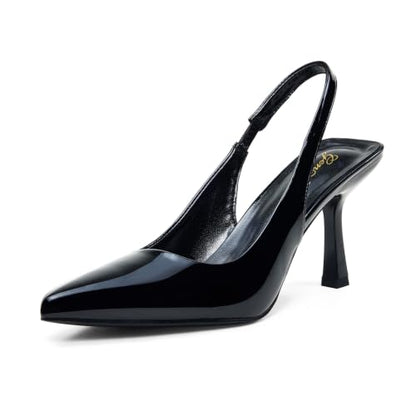 GENSHUO Women's Slingback Kitten Heel Pointed Closed Toe Stiletto Pumps Slip on Elastic Strap Wedding Party Dress Sandals Shoes - color: All Black, size: 8.5