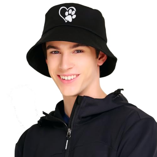 Bucket Hat Beach Sun Hat Fishing Hat for Women Men, Summer Outdoor Travel Packable Fisherman Hat - color: Heart Dog Paw Black