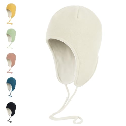 Mens Womens Warm Fleece Beanie Soft Winter Hat with Ear Flaps Windproof Ski Snow Cycling Skull Cap Helmet Liner - color: Beige