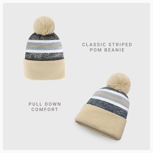 Pom Pom Beanie Cuffed Knit Winter Hat Skull Cap Striped Novelty Men Women - color: (Latte)