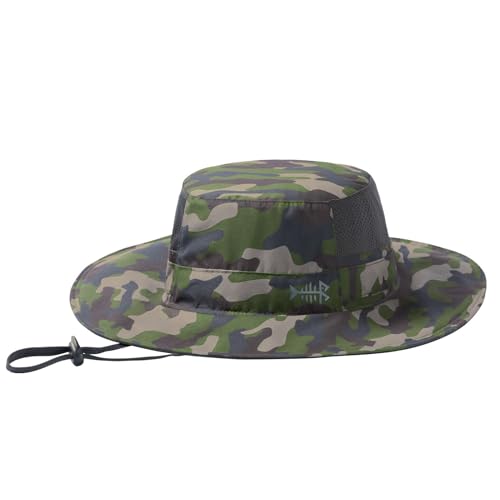 BASSDASH UPF 50+ Fishing Sun Hat Water Resistant Unisex Wide Brim Bucket Boonie Hat for Hiking Camping Safari FH15 - color: Army Green Camo, size: Medium