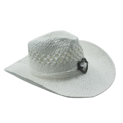 Boho Hip Cowboy Hat with Heart Concho, Natural Toyo Straw, Shapeable Brim - color: White